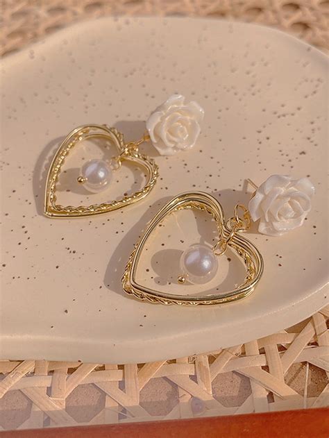 Faux Pearl Detail Heart Drop Earrings Heart Drop Earrings Fancy Jewellery Embellished Jewelry