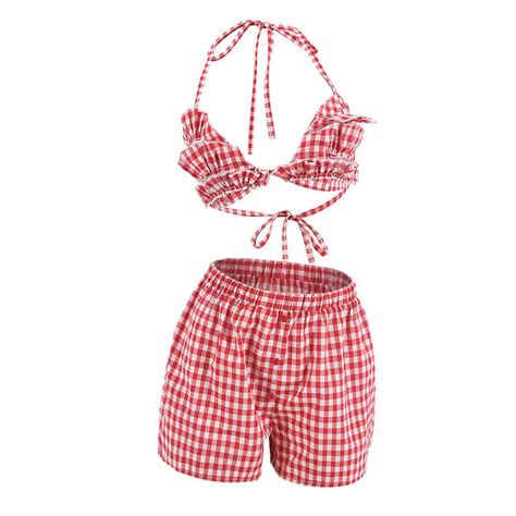 X C Summer Hot Style Navel Baring Backless Strappy Top Plaid Shorts Set For Women