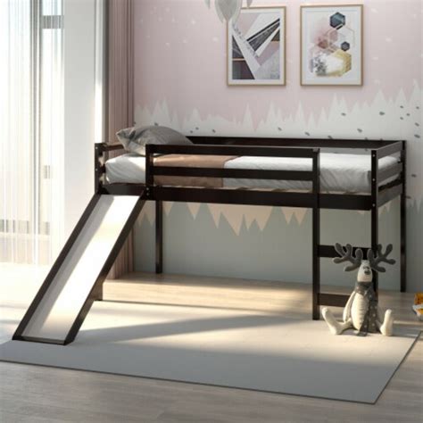 Twin Size Loft Bed with Slide Wood Low Sturdy Loft Bed for Kids Bedroom ...