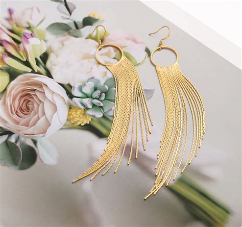 Long Tassel Earrings K Shiny Gold Chain Fringe Earringslong Etsy