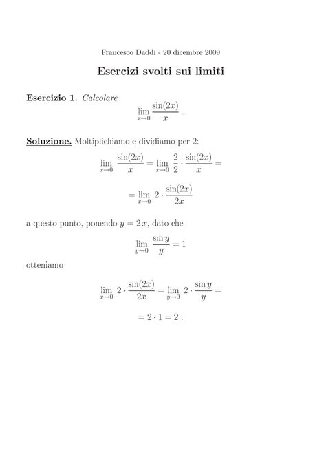 Limiti Esercizi Esercizi Svolti Sui Limiti Esercizio Calcolare Lim