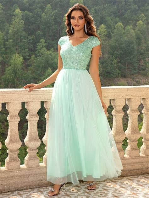 Joyfunear Contrast Sequin Mesh Prom Dress Shein Usa