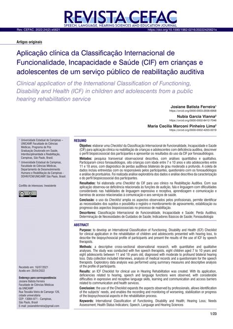 Pdf Aplicação Clínica Da Classificação Internacional De Funcionalidade Incapacidade E Saúde