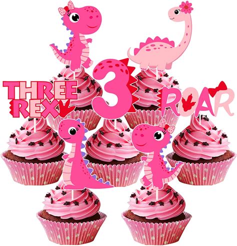 Three Rex Cupcake Toppers For Girl Dinosaur Cupcake Toppers Pink