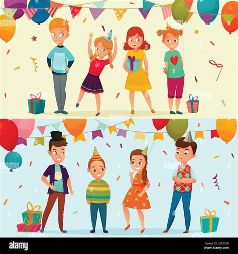 Two Horizontal Colored Kids Party Banner Set With Two Types Of Birthday