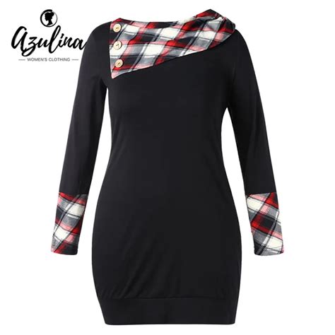 Azulina Plus Size Plaid Splicing Buttons Long Sleeves Dress Women Skew