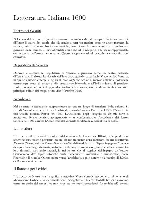 Letteratura Italiana 1600 Sintesi Del Corso Di Italiano Docsity