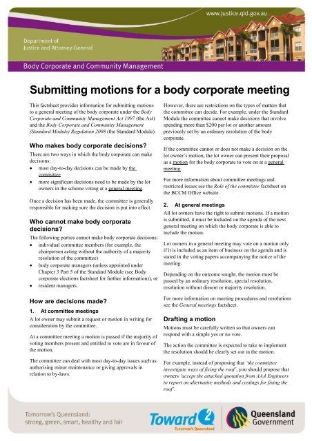 Submitting Motions For A Body Corporate Meeting Department Of