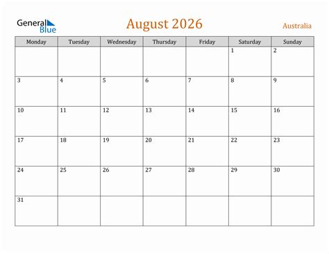 august  australia calendar monday start