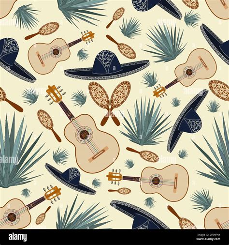 Vector Seamless Pattern With Mexican Sombrero Hat Guitar Maracas And