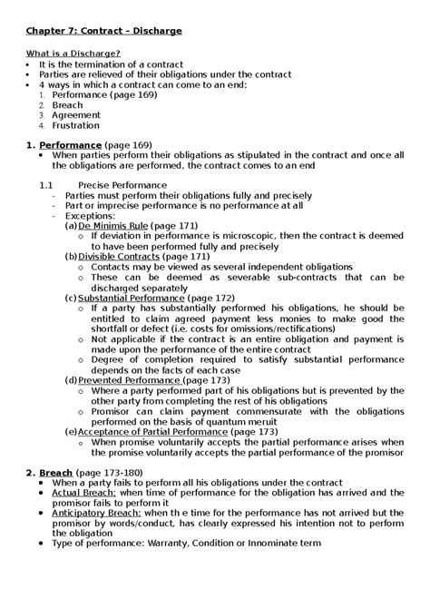 Law Notes 5 - law unit 5 - Chapter 7: Contract – Discharge What is a
