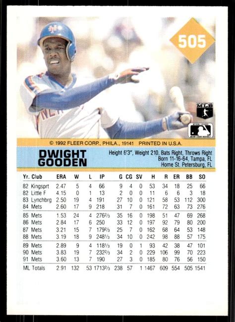 1992 Fleer Baseball Card Dwight Gooden New York Mets 505 EBay