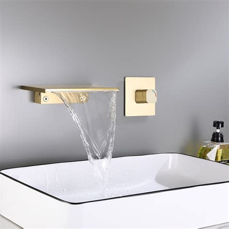 Waterfall Wall Mount Bathroom Sink Faucet Single Knob Solid Brass Brushed Gold Homary