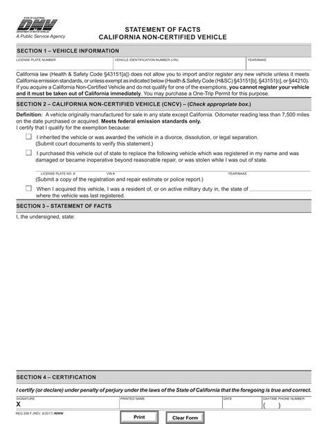 CA DMV Form REG 256F Statement Of Facts California Non Certified