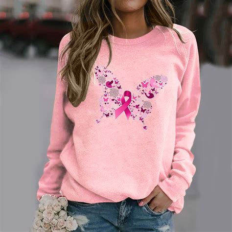 Purcolt Fall Winter Long Sleeve Breast Cancer Shirts For Womenpink Ribbon Graphic Crewneck