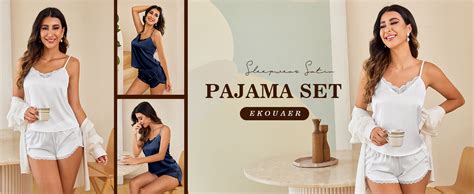 Ekouaer Womens Pajama Sets Sexy Lingerie Satin Sleepwear Cami Shorts Set V Neck Pj Lace