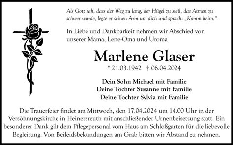 Traueranzeigen Von Marlene Glaser Nordbayerischer Kurier