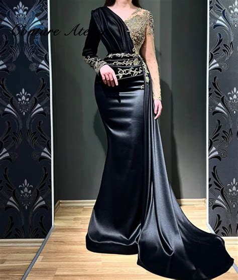 Black Muslim Evening Dress Long Sleeve Mermiad Prom Dresses 2022 Beaded Formal Gowns Women