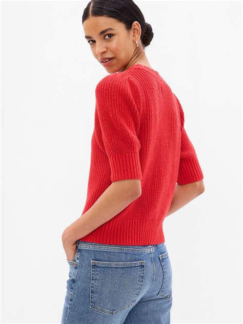 Puff Sleeve Cable Knit Crewneck Sweater Gap