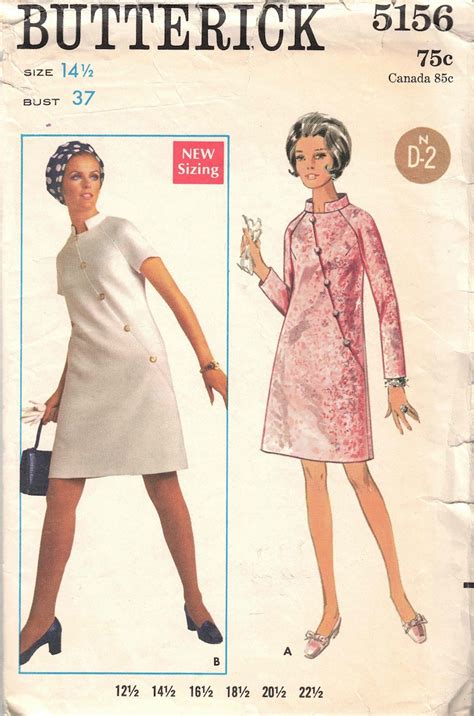 Bust 37 Mod Dress Sewing Pattern Unusual Diagonal Front With Buttons And Mandarin Collar Butterick