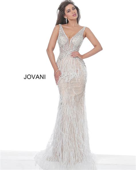 Jovani 03023 Sheer Feather Prom Dress Plunging Neck Wedding Gown Pagea