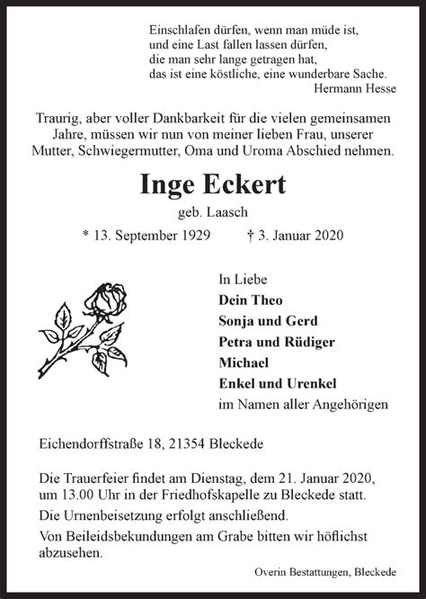 Traueranzeigen Von Inge Eckert Trauer L Neburg De