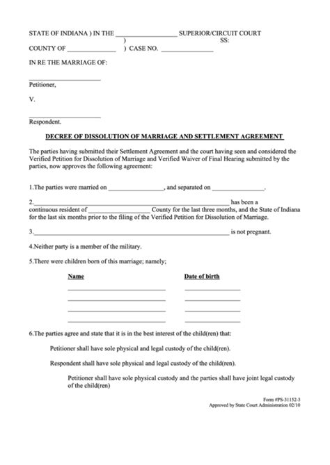 Fillable Decree Of Dissolution Of Marriage And Settlement Agreement