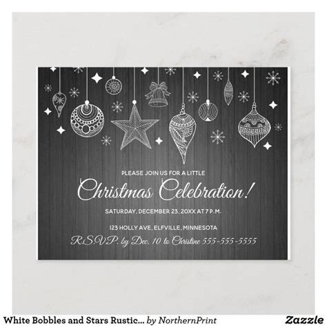 White Bobbles And Stars Rustic Christmas Party Invitation Postcard