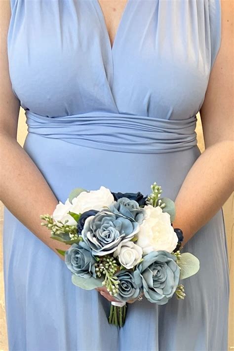 SLATE BLUE DUSTY Blue Wedding Bouquet Set With Mini Roses Silk Bridal