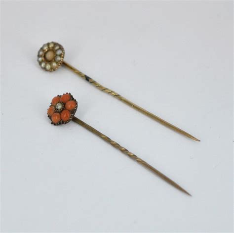 Split Pearl And Coral Stick Pins On 9k Gold Stick Hat And Tie Pins