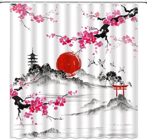 Asian Shower Curtain Japanese Cherry Blossom Ink Mountains Tradition