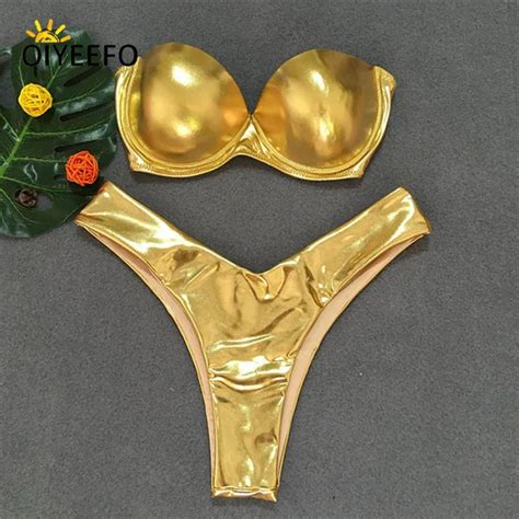 Oiyeefo Shiny Metallic Gold Bikini Push Up Swimsuit High Cut Brazilian