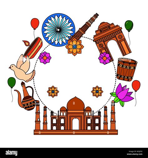 Taj Mahal Indian Mosque With Set Cultural Icons Stock Vector Image