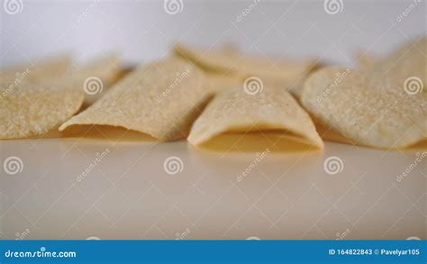 Crispy Potato Chips Rotate On A Wooden Surface Stock Video Video Of