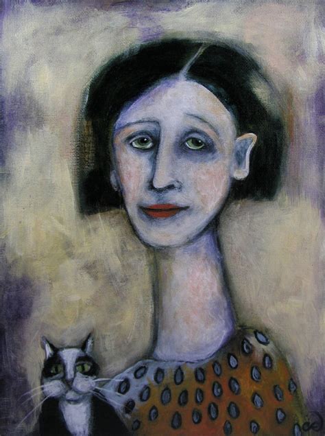 Contemporary Folk Art Portrait Painting Woman And Tuxedo Cat Original