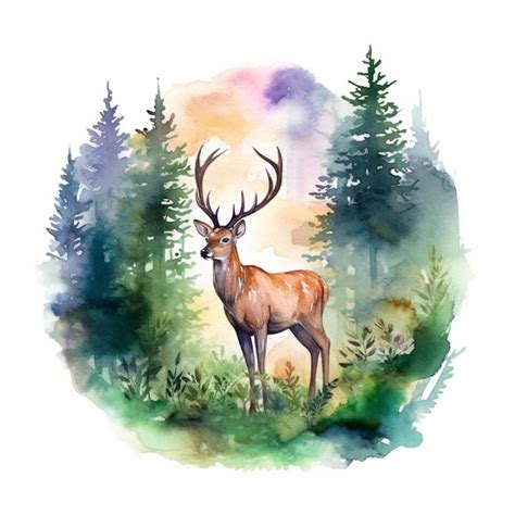 Premium AI Image | Painting of a deer in a forest with trees and a sunset generative ai