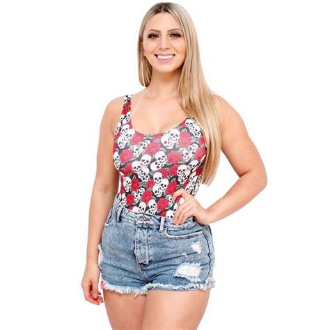 Body Suplex Feminino Regata Collant Caveiras E Rosas Submarino