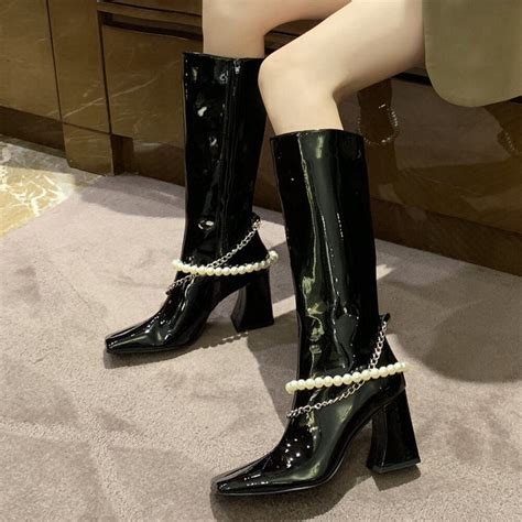 Lapolaka Arrivals Pearl Chain Patent Leather Zippe... – Grandado