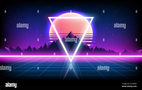 80s Retro Sci Fi Background With Sunrise Or Sunset Night Sky With Stars