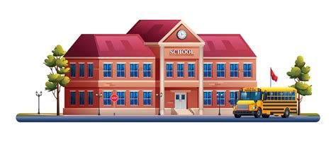 School Building With Yellow School Bus Vector Cartoon Illustration