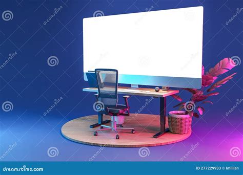 Single Isolated Computer Workspace On Wooden Podium With Giant Widescreen Monitor Freelance And