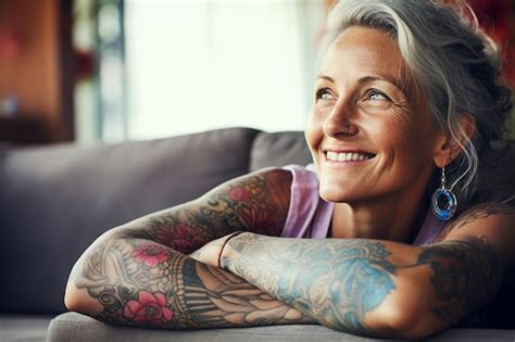 Premium Photo Stylish Woman With Tattooed Arms Relaxing On Sofa In