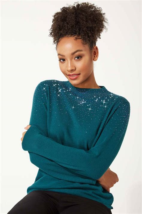 Diamante Long Sleeve Jumper In Dark Green Roman Originals Uk