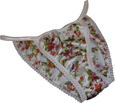 Shiny Satin String Bikini Mini Tanga Panties Floral Print With Ivory