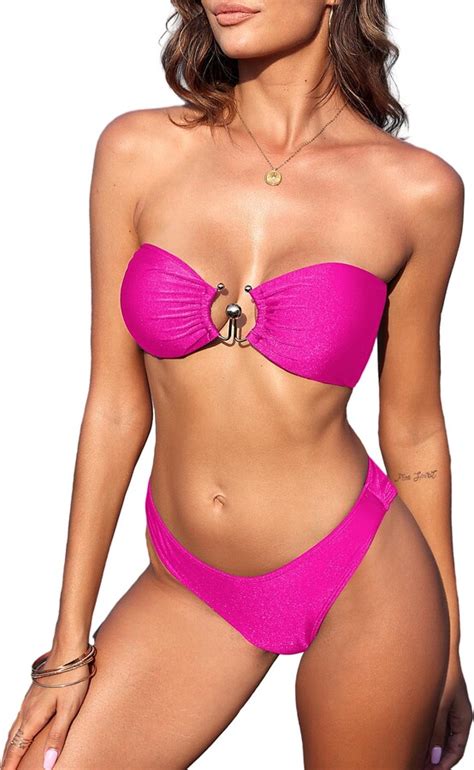 ZAFUL Womens Bandeau Bikini Set Metallic Sparkly O Ring Lace Up Tie