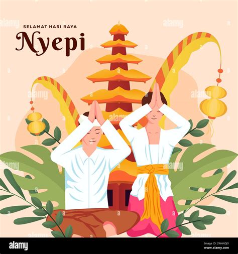 Nyepi Bali S Day Of Silence Illustration With Two People Praying Stock