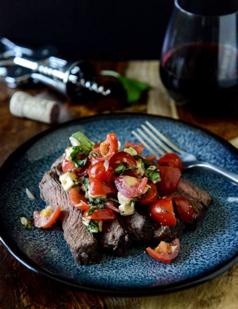 Red Wine Marinated Flank Steak With Cherry Tomato Caprese Salsa