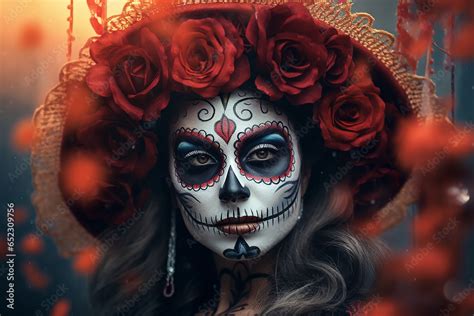 Portrait Of A Woman With Typical Mexican Make Up For All Saints Day