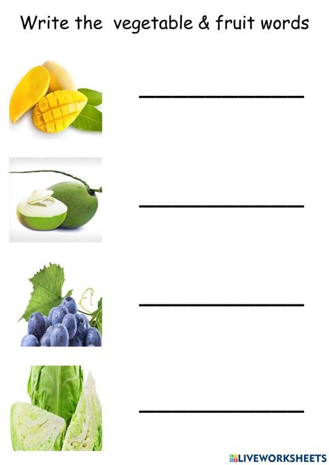 write  vegetablefruit words worksheet  worksheets