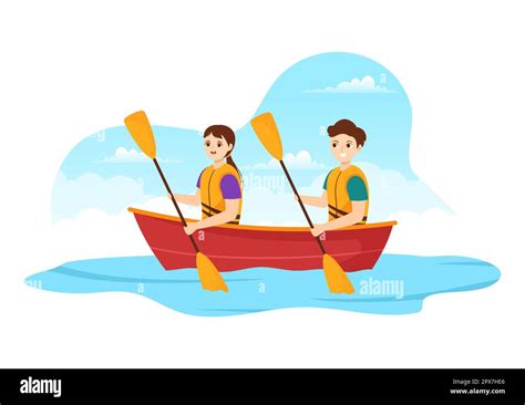 People Enjoying Rowing Illustration With Canoe And Sailing On River Or